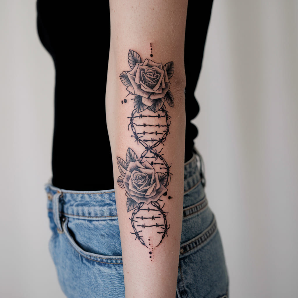 DNA with Roses and Barbed Wire on the Forearm