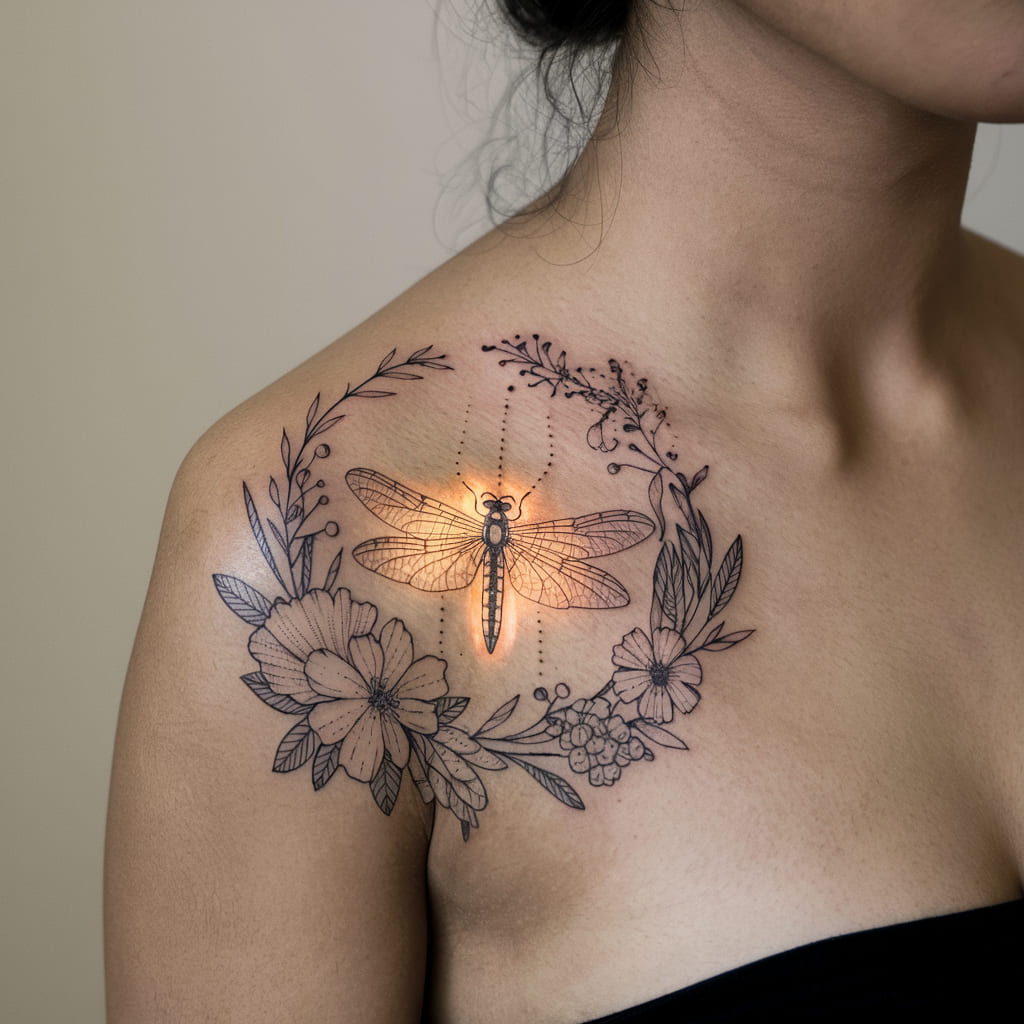 Firefly in a Floral Wreath on the Shoulder