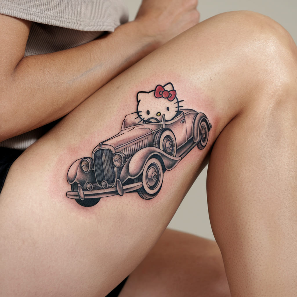 Hello Kitty in a Vintage Car