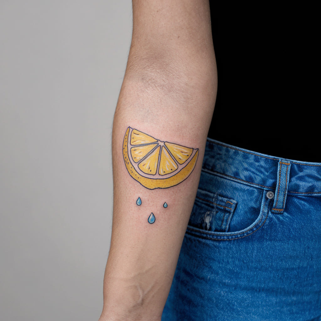 Lemon Wedge with Water Droplets on the Forearm