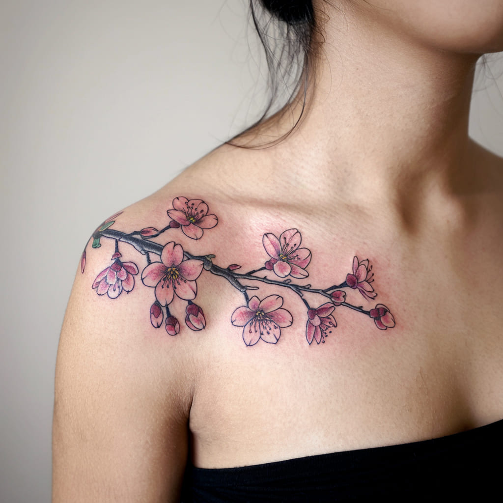 Pink Sakura Branch on the Collarbone