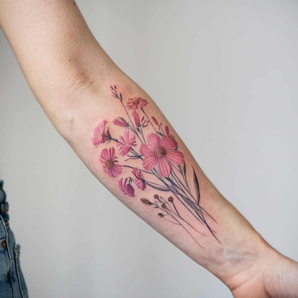 Pink Wildflower Bouquet on the Forearm