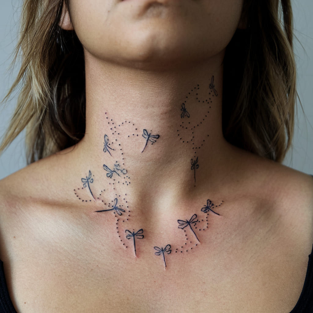 Tiny Fireflies in Flight on the Neck