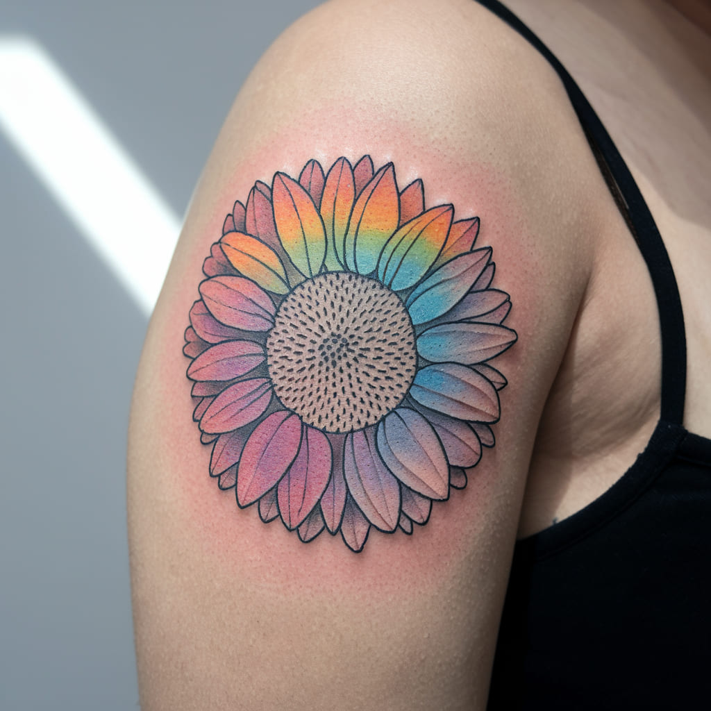 Abstract Sunflower with Rainbow Ink