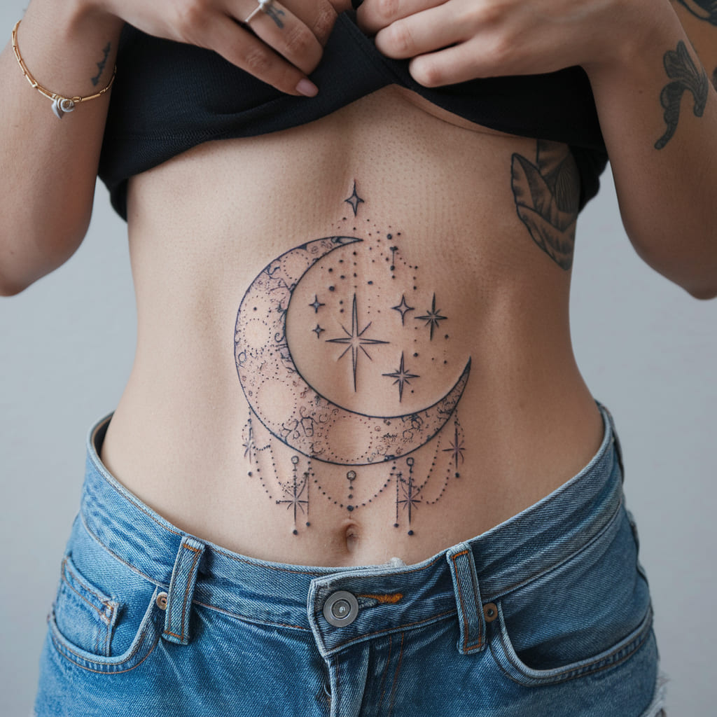 Crescent Moon and Stars Waist Tattoo