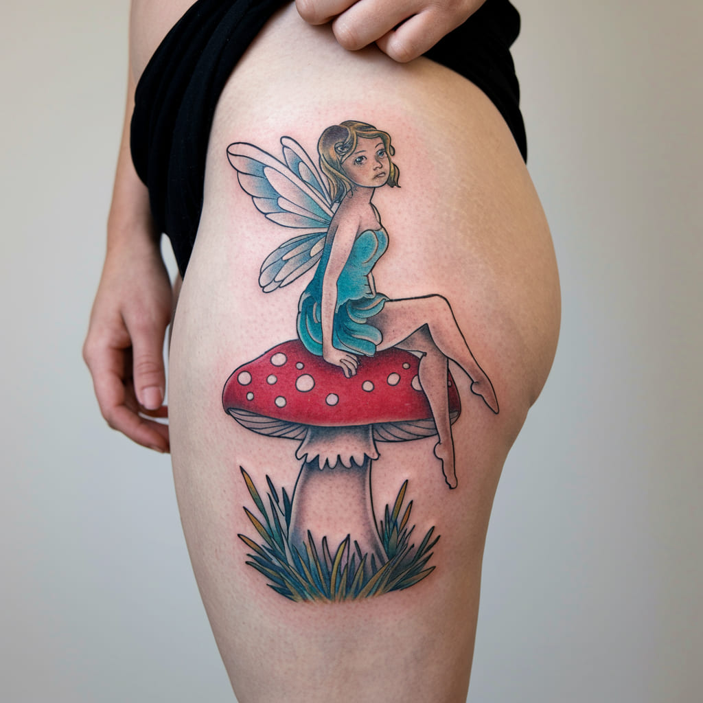 Fairy Sitting on a Mushroom Tattoo