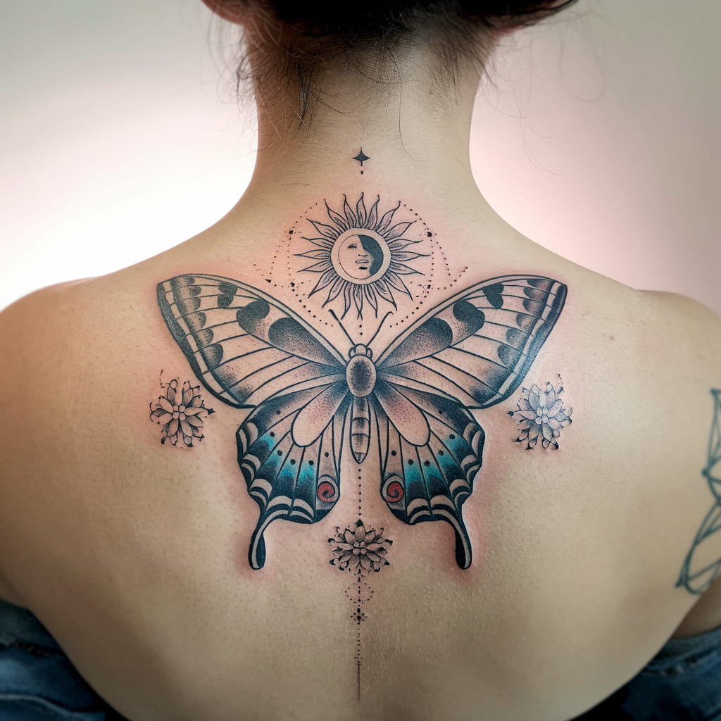 Intricate Butterfly with Sun and Moon