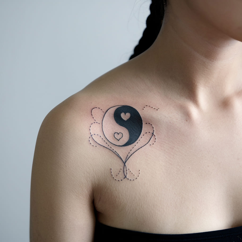 Minimalist Yin Yang with Heart Tattoo