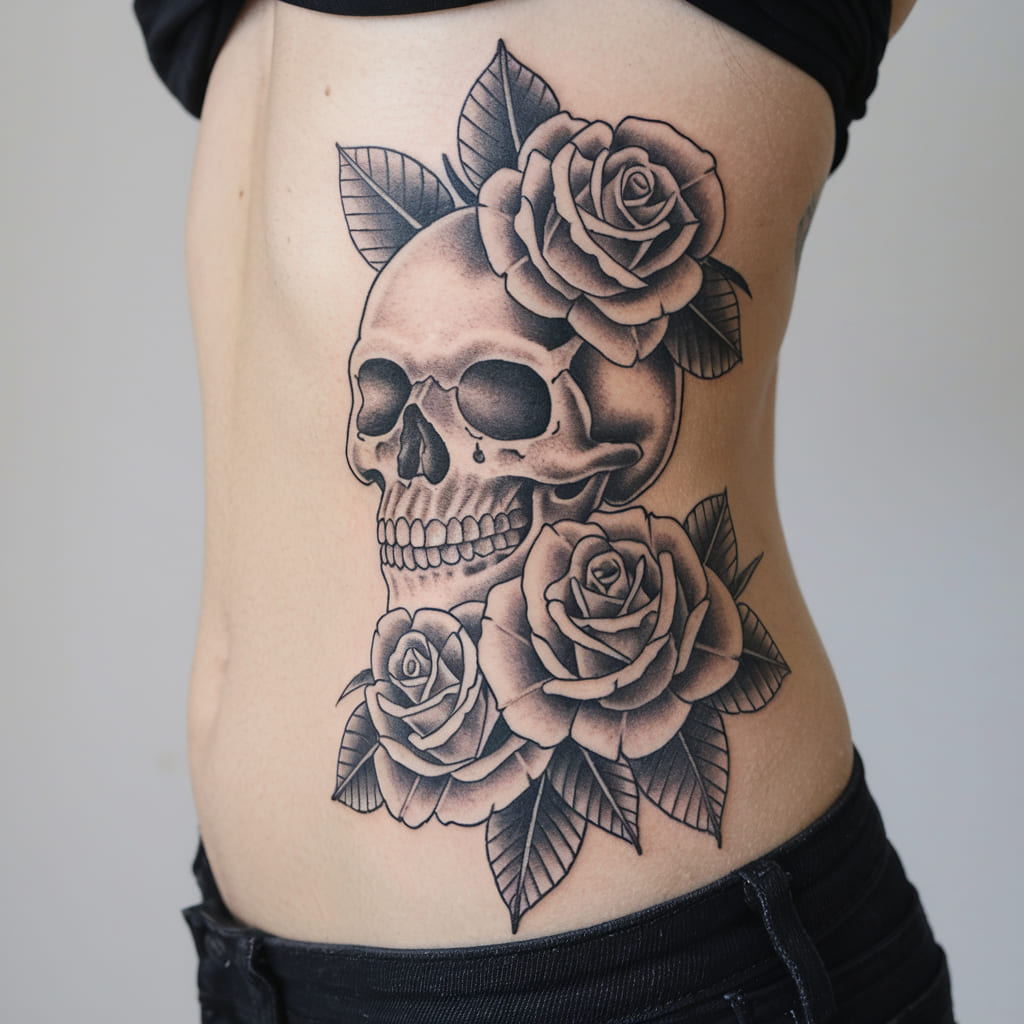 Skull and Roses Waist Tattoo