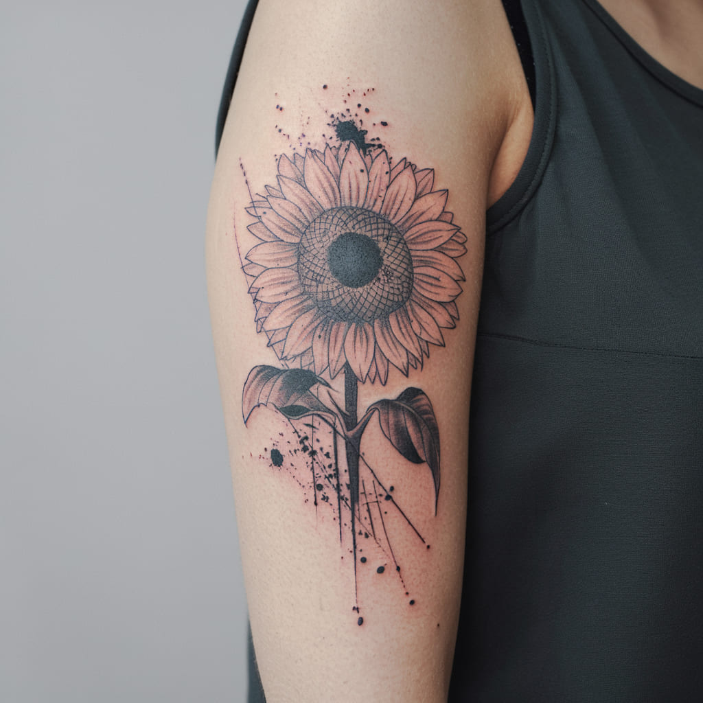 Sunflower with Ink Splatter Effect