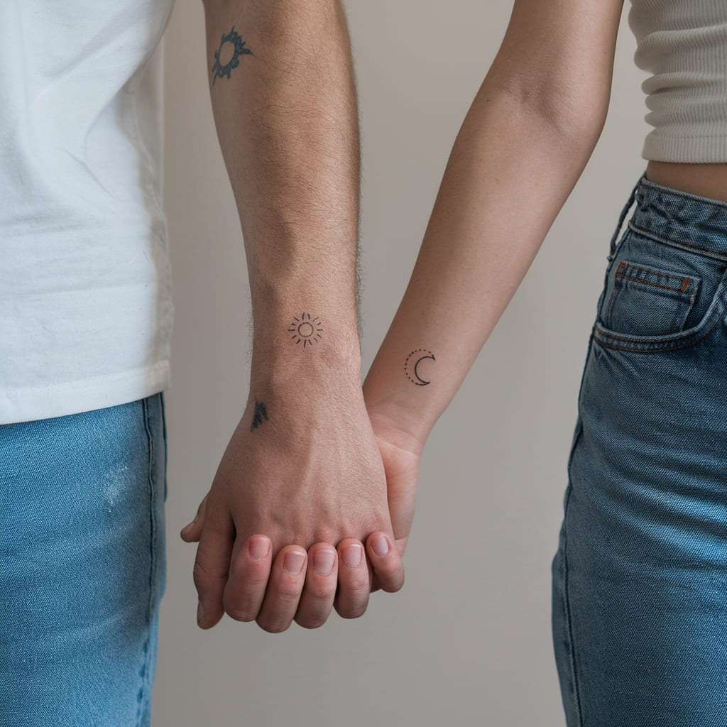 Tiny Moon and Sun Tattoos For Couple