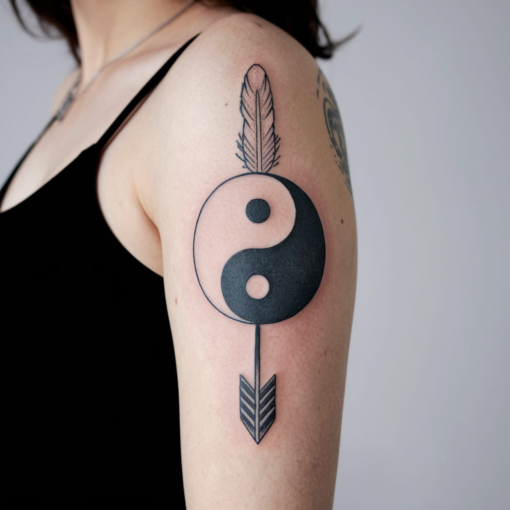 Yin Yang with Feather and Arrow Tattoo