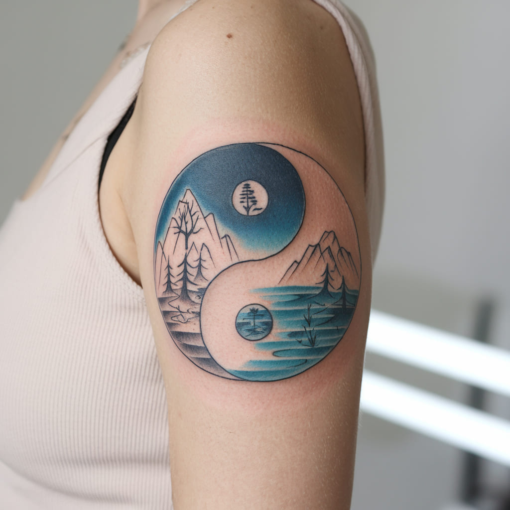 Yin Yang with Nature Elements Tattoo